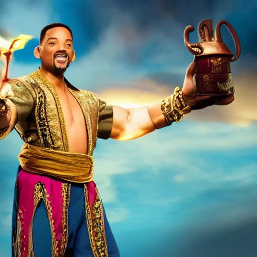 Image similar to will smith as the genie from alladin with a pistol, photo realistic, 8 k, detailed, will smith, alladin