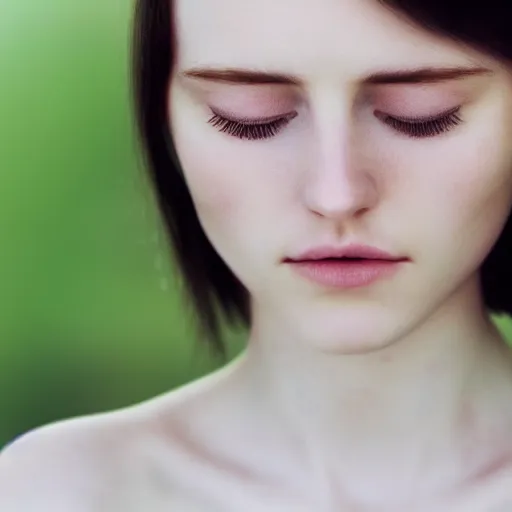 Prompt: photorealistic portrait of a beautiful young woman, pale white skin, closed eyes, foggy, closeup