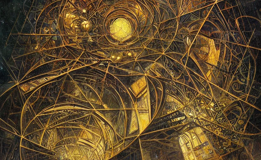 Prompt: Brutalist architecture building, Divine Chaos Engine by Karol Bak, Jean Deville, Gustav Klimt, and Vincent Van Gogh, sacred geometry, visionary, mystic, spiritual, fractal structures, ornate gilded medieval icon, third eye, spirals