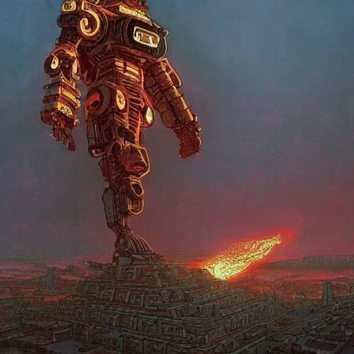 Prompt: giant mayan cyberpunk mecha with flaming eyes standing over city, perfectly clear face, shadow of the colossus screenshot by j. c. leyendecker, simon stalenhag, studio ghibli, and beksinski