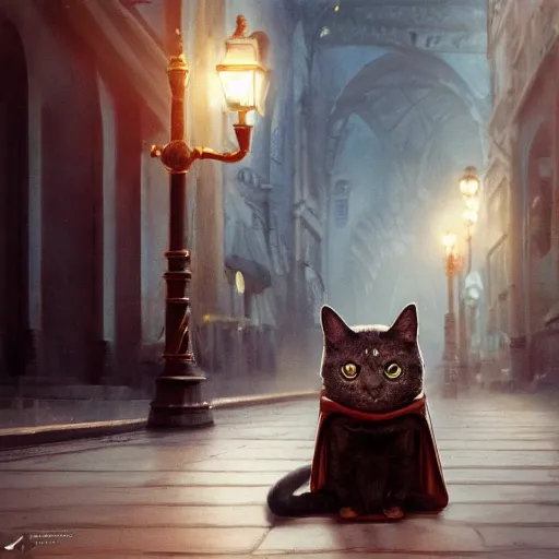 Image similar to a cat in a cloak, in a fantastic city , dramatic lighting, cinematic, establishing shot, extremely high detail, foto realistic, cinematic lighting, post processed, concept art, high details, cinematic, 8k resolution, beautiful detailed, photorealistic, digital painting, artstation, concept art, smooth, sharp focus, artstation trending, octane render, unreal engine