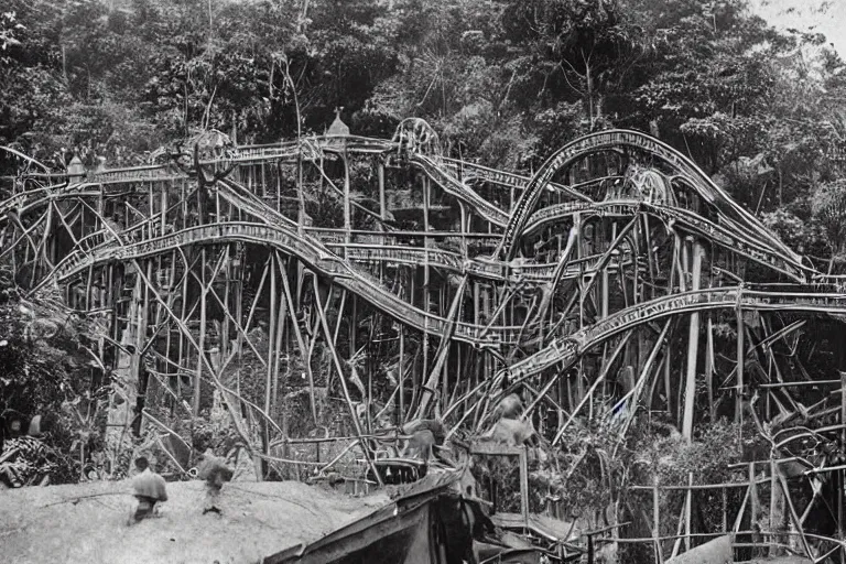 Prompt: a 1 9 0 5 colonial closeup photograph of a rollercoaster in a village at the river bank of congo, thick jungle, scary, evil looking, wide angle shot