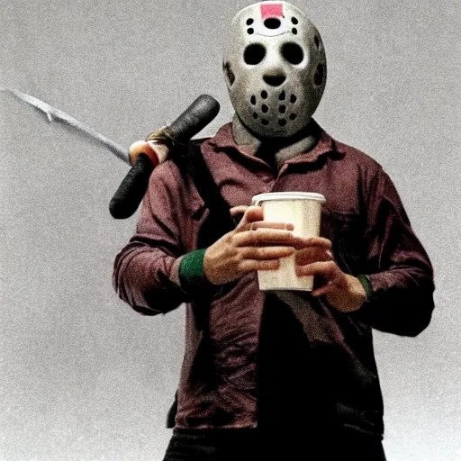 Image similar to photograph of jason voorhees having a coffee at an european caffé