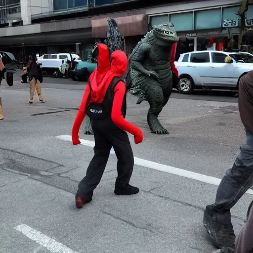 Image similar to a photo of person in godzilla costume walking on busy street