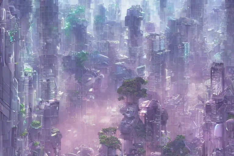 Image similar to futuristic city, lush vegetation, humid, early evening, diagonal view, geometric buildings, cloudy, beautiful, dull pastel colors, realistic, foggy, dreamy, nostalgic, bright, trending on artstation by yoshitaka amano and makoto shinkai, studio ghibli style