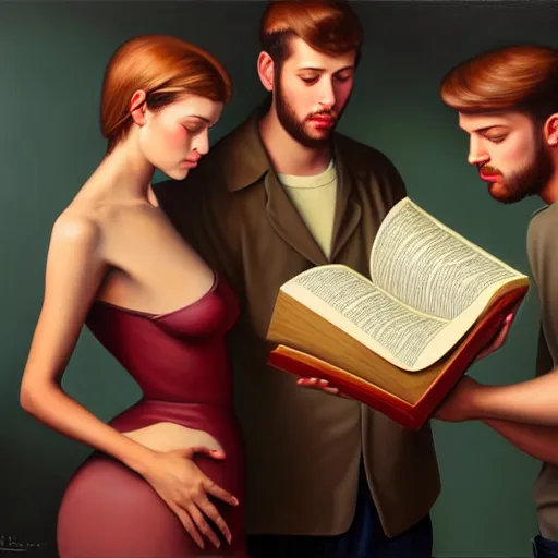 Image similar to hyperrealistic painting of a beautiful young woman holding a book while three men and a woman peep into the book from behind, detailed digital art, trending on artstation