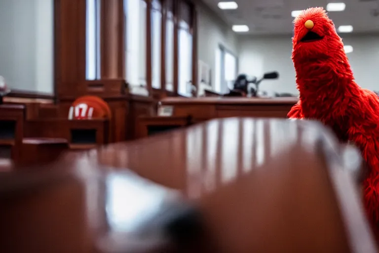 Prompt: elmo witness statement court room shallow depth of field