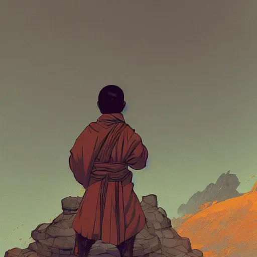 Image similar to portrait of the back of a monk with a mace, standing in front of a solid color background, Borderlands and by Feng Zhu and Loish and Laurie Greasley, Victo Ngai, Andreas Rocha, John Harris