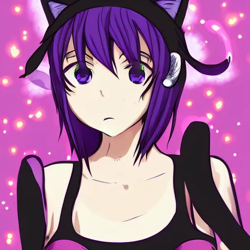 Prompt: anime girl with short purple hair and cat ears and a black tank top, aesthetic, digital art, high definition