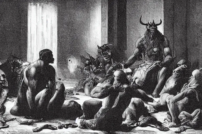 Prompt: photograph of a demon sitting in a room of people