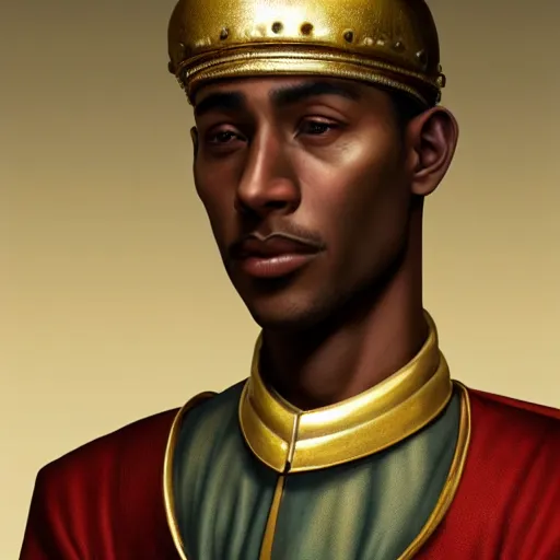 Prompt: A Crusader Kings II portrait of an African American young man with high cheekbones. Good bone structure. Dressed in 1940s style. Highly detailed, fine Art, high detail, great lighting, 8k resolution, masterpiece, concept art, illustration, clear eyes, painting oil on canvas, octane render, HDR, trending on artstation, 4k, 8k, HD