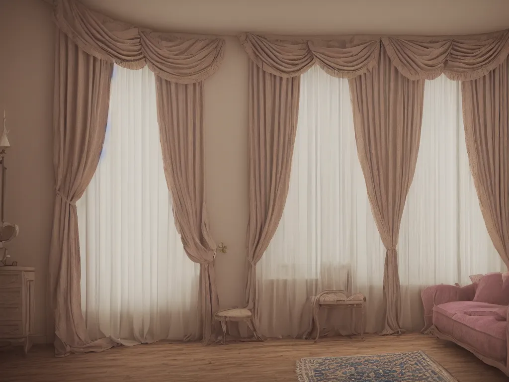 Prompt: 3D render of vintage interior house with very large curtains , High detail, Octane Render, faded colors, pastel colors , lens 35mm, f 8,