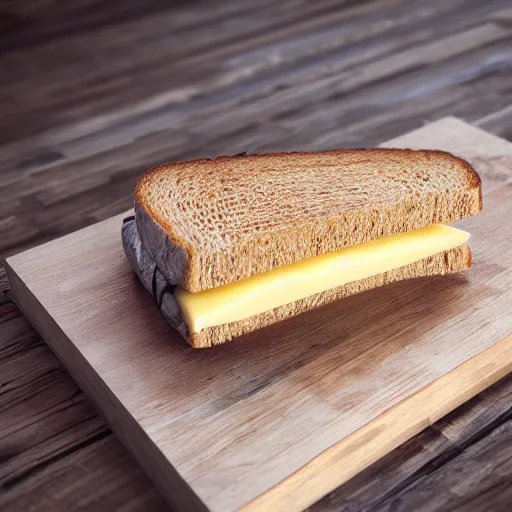 Prompt: a cheese sandwich on a wooden table, award winning, trending on artstation, unreal engine