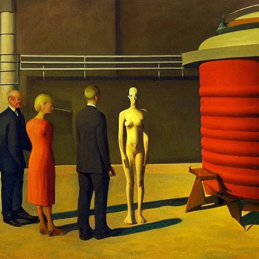 Image similar to scientists inspecting an alien in a water tank in a dome - shaped control center, grant wood, pj crook, edward hopper, oil on canvas