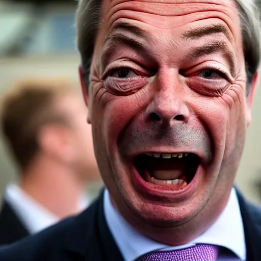 Image similar to nigel farage with black eyes angry screaming with spiders crawling out of his mouth