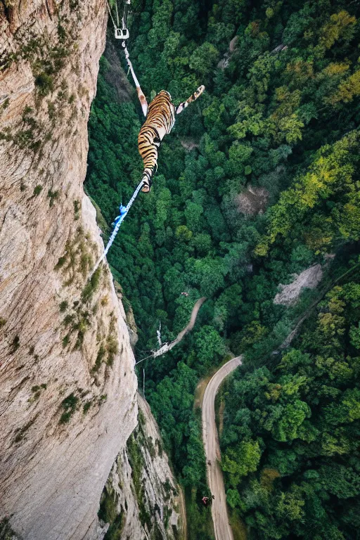 Image similar to bungee jump of a tiger flying with a large parachute jumping from a mountain cliff, wide angles lens