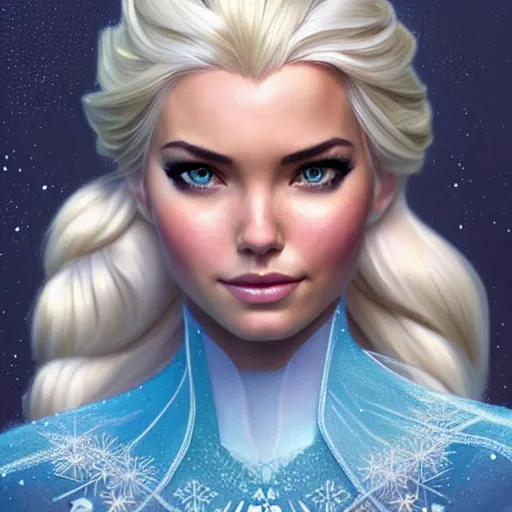 Image similar to Odette Annable with blonde hair as Elsa from Frozen, western, D&D, fantasy, intricate, elegant, highly detailed, digital painting, artstation, concept art, matte, sharp focus, illustration, art by Artgerm and Greg Rutkowski and Alphonse Mucha