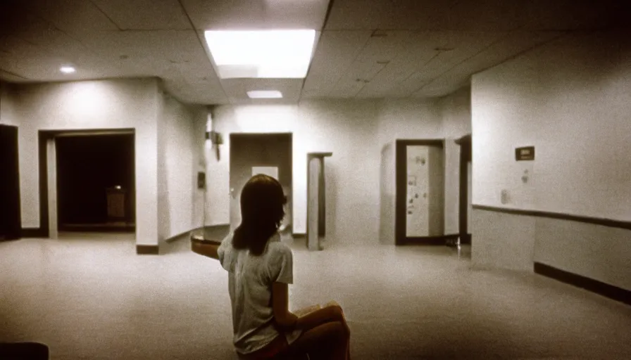 Image similar to 7 0 s film still from a horror movie about a person sitting in the lobby of a mental hospital, kodachrome, cinecolor, cinestill, film grain, film texture, retro, cinematic, high resolution, photorealism,