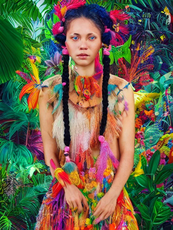 Image similar to beautiful portrait of a Subtropics minority colorful pigtail female wearing fantastic Hand-dyed cotton dress, embellished beaded and decorative fringe knots ,around subtropical plants and flowers and birds,intricate, elegant, highly detailed, dim volumetric lighting, 8k,octane,post-processing,digital painting, trending on artstation, concept art, smooth, sharp focus, illustration,by Tom Bagshaw and Daniel Gerhartz and Albert Aublet and Lawrence Alma-Tadema and alphonse mucha