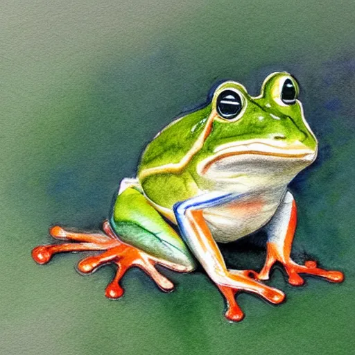 Image similar to watercolor pencil sketch of frog sitting on leaf, nature sketch, textbook sketch, observation, watercolor, pencil lines, colorful, accurate, artstation award