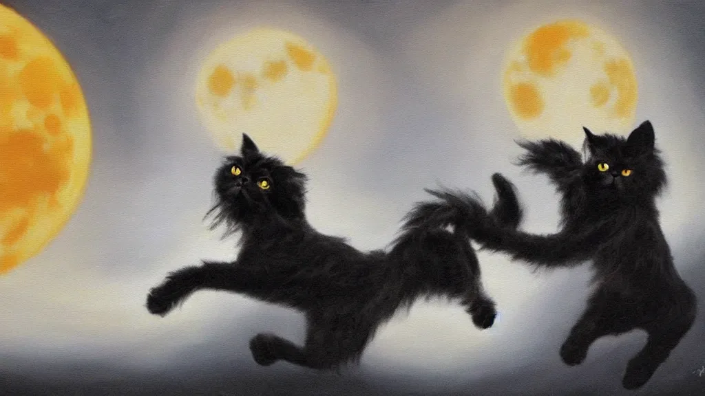 Prompt: a oil painting of a black and white persian cat jumping over a full moon.