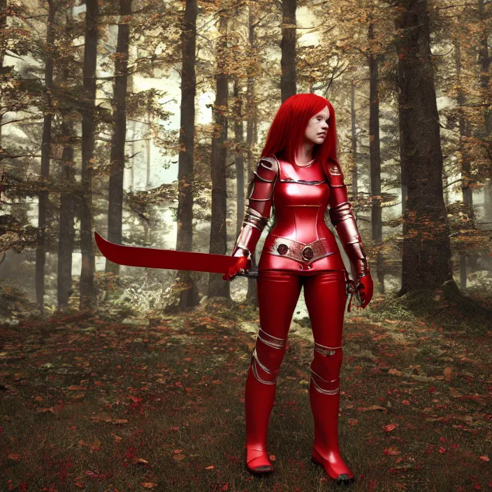 Image similar to a girl with long red hair wearing a red plate armor and holding a big red sword in a forest, 3d render, octane render, unreal engine 5, 8k hdr, hyperrealistic, highly detailed, high quality, concept art, trending on Artstation, full-body armor