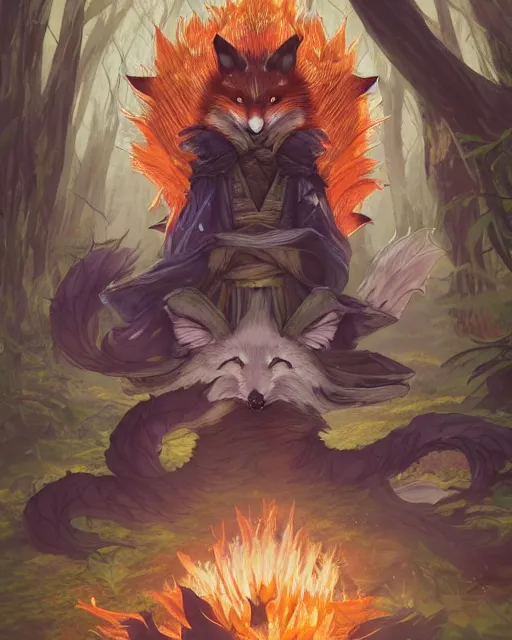 Image similar to Kitsune Fox Sorcerer meditating in the woods, nine tails, magic the gathering artwork, D&D, fantasy, cinematic lighting, centered, symmetrical, highly detailed, digital painting, artstation, concept art, smooth, sharp focus, illustration, volumetric lighting, epic Composition, 8k, art by Akihiko Yoshida and Greg Rutkowski and Craig Mullins, heroic pose, oil painting, cgsociety, Tree Woodland atmosphere