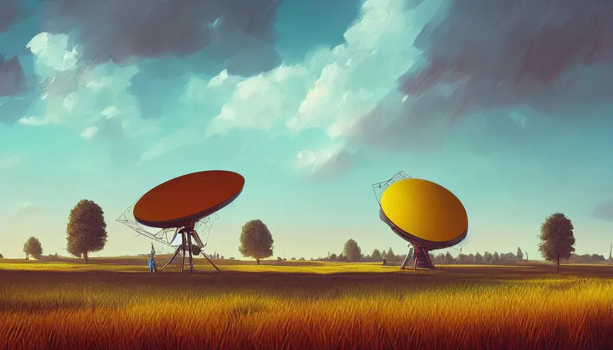 Image similar to colourful sky, wheat field, radio telescope, big trees, matte painting, art station, digital art, simon stalenhag