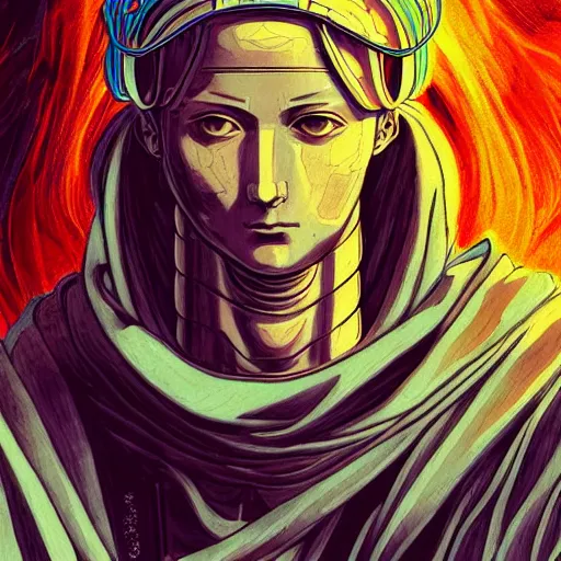 Prompt: detailed color manga illustration of a renaissance Saint with a halo, as a cyborg robot, cyberpunk, dark, akira, davinci, sistine chapel, sci-fi