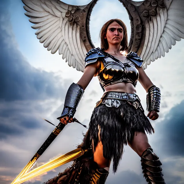 Image similar to photo of a real - life winged valkyrie warrior with light powers, highly detailed, 4 k, hdr, smooth, sharp focus, high resolution, award - winning photo