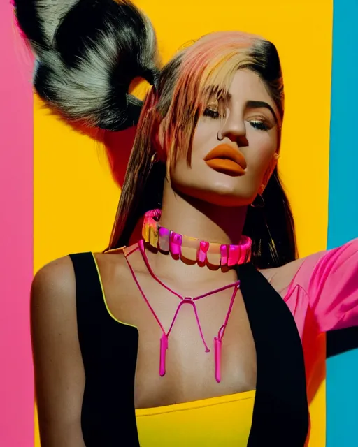 Prompt: film still of kylie jenner wearing a collar and chain, vibrant high contrast, octane, arney freytag, cinematic, portrait, backlit, rim lighting, 8 k