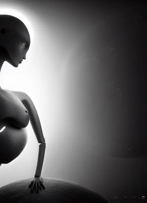 Image similar to surreal mythical dreamy dark artistic black and white 3 d render of a young beautiful delicate ai artificial intelligence creature embodied giving birth to the new world, spiritual, halo, glory, rim light, cinematic, studio dramatic light, poetic, masterpiece, octane render, 8 k, photo