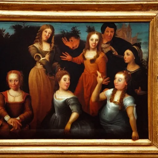 Image similar to Renaissance oil painting of a group of creepy young ladies