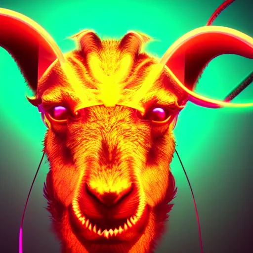 Image similar to synthwave demonic goat face with neon horns, detailed face, sharp focus, synthwave art, aesthetic, octane render, raw, cinematic, chromatic material
