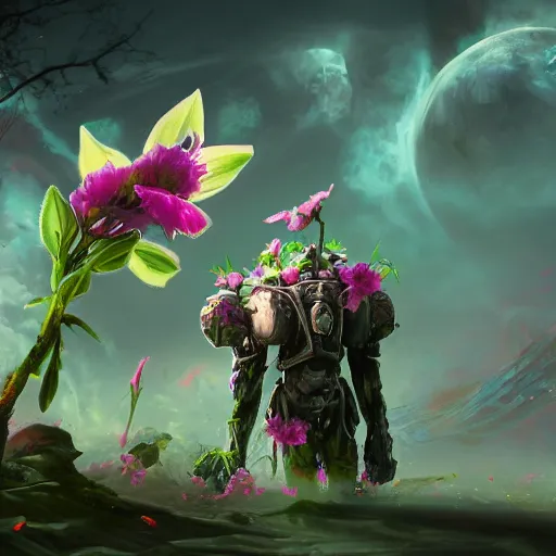 Prompt: corrupted sentinel enjoying picking up flower on infested planet, fantasy art, 4 k, realistically