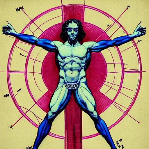 Prompt: occult cyberpunk vitruvian man. propaganda poster, pencil lines and acrylic colors. by heade and froud.