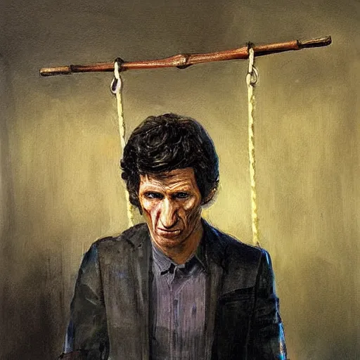 Image similar to todd howard about to be hanged for his crimes, oil painting, tragic, sorrowful.