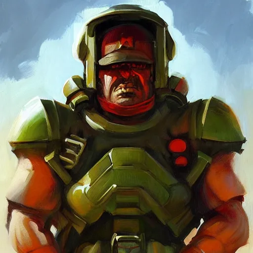 Image similar to greg manchess portrait of mario as doomguy, medium shot, asymmetrical, profile picture, organic painting, sunny day, matte painting, bold shapes, hard edges, street art, trending on artstation, by huang guangjian and gil elvgren and sachin teng