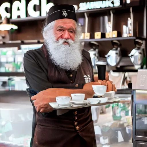 Image similar to Karl Marx dressed as Starbucks barista, photography, 4k