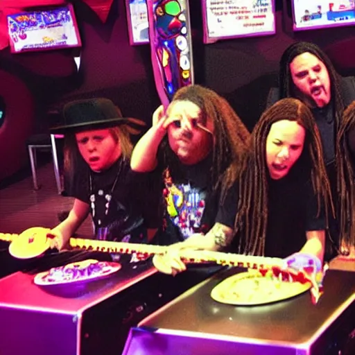 Image similar to “KoRn performing at a Chuck E Cheese, photorealistic”