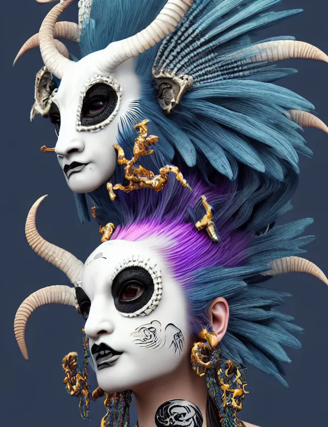 Image similar to 3 d goddess close - up profile portrait punk with mohawk with ram skull. beautiful intricately detailed japanese crow kitsune mask and clasical japanese kimono. betta fish, jellyfish phoenix, bio luminescent, plasma, ice, water, wind, creature, artwork by tooth wu and wlop and beeple and greg rutkowski