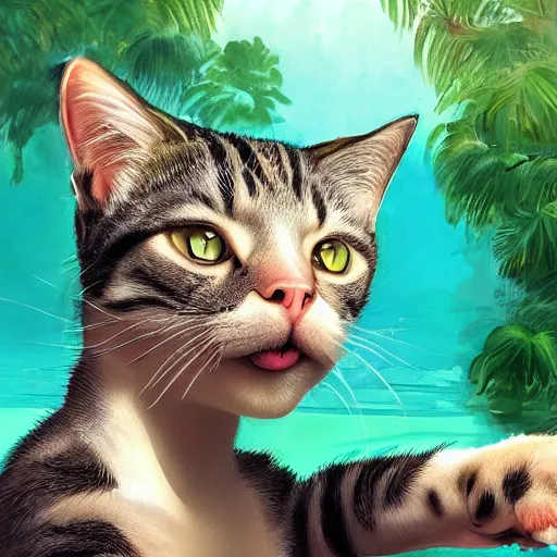 Image similar to a cat taking selfie in a swimming pool in the middle of the jungle, highly detailed, digital painting, artstation, concept art