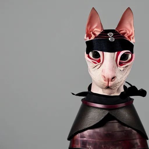 Image similar to samurai armor worn by hairless sphynx cat