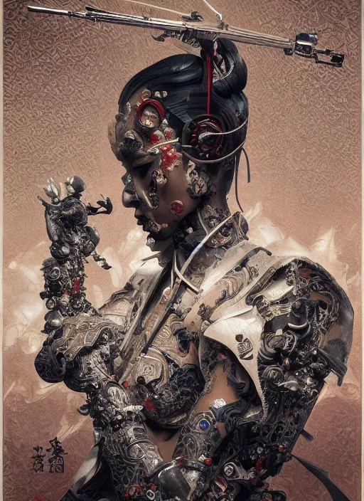 Image similar to portrait of a seductive cyborg yakuza with weapons, imari, modern fine art, fractal, in the style of ghosts in the machine, intricate ornaments, elegant, highly detailed, digital photography, subsurface scattering, by mc escher and greg rutkowski,