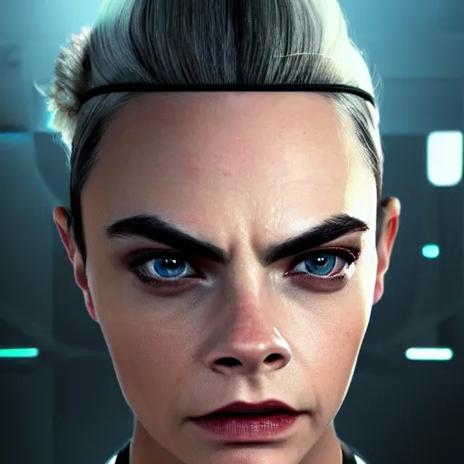 Image similar to cara delevingne as a borg ( star trek ), unreal 5, daz, hyperrealistic, octane render, rpg portrait, dynamic lighting, fantasy art, beautiful face