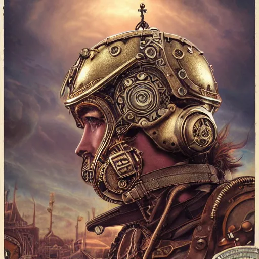 Prompt: dan mumford tom bagshaw, dream world curiosities carnival flying, photorealistic octane render poster of a single very beautiful helmet full long steampunk metallic armored ornate thicc female, accurate features, focus, very intricate ultrafine details, award winning masterpiece, steampunk world spikes