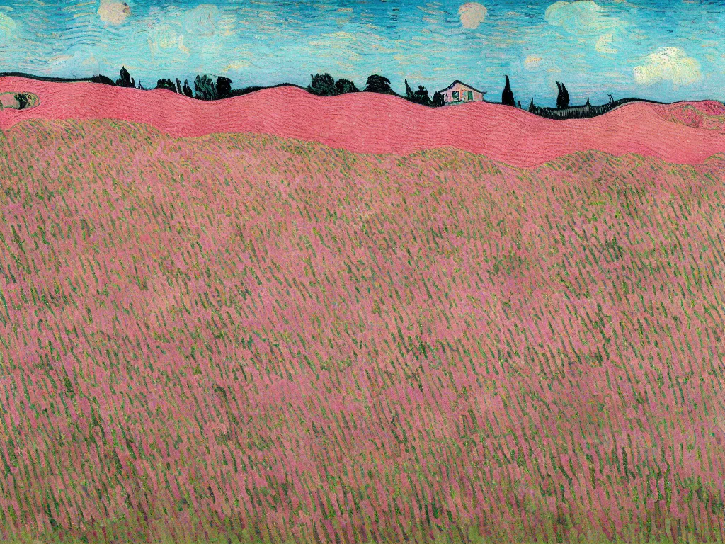 Prompt: pink and teal wheat field with cypresses, by van gogh and tim burton