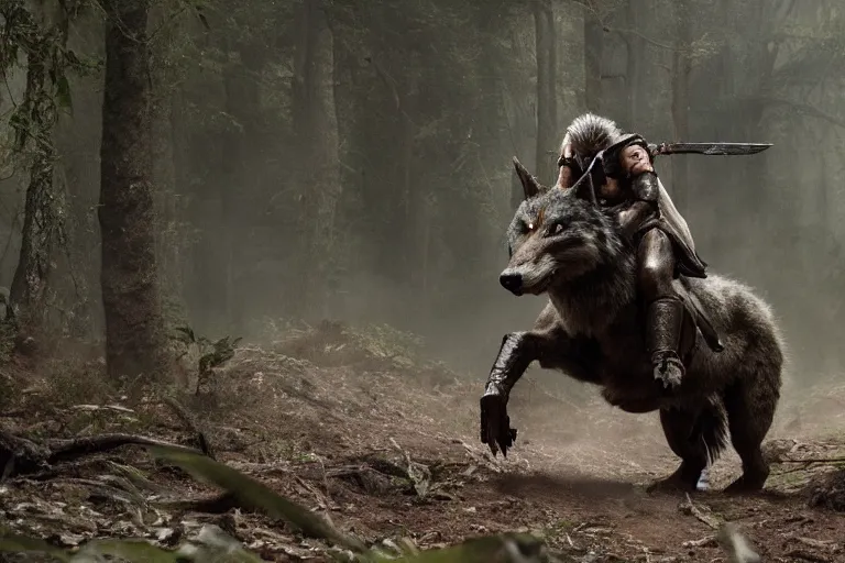 Image similar to vfx movie closeup detailed ancient armored warrior orc hunting riding large wolf in the forest, natural lighting by emmanuel lubezki