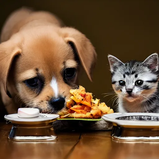 Image similar to photography of a puppie sharing his meal with a small baby cat, animal photography, award winning photography by Leonardo Espina