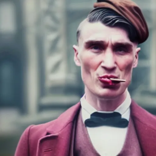 Prompt: a realistic photograph of thomas shelby from the peaky blinders smoking a pink cigar